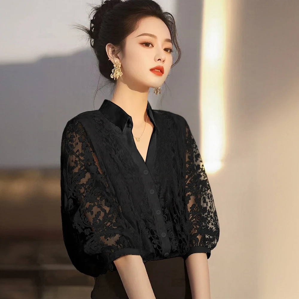 时尚蕾丝衬衫女夏季2025新款七分袖高级感衬衣纯欲风辣妹黑丝上衣