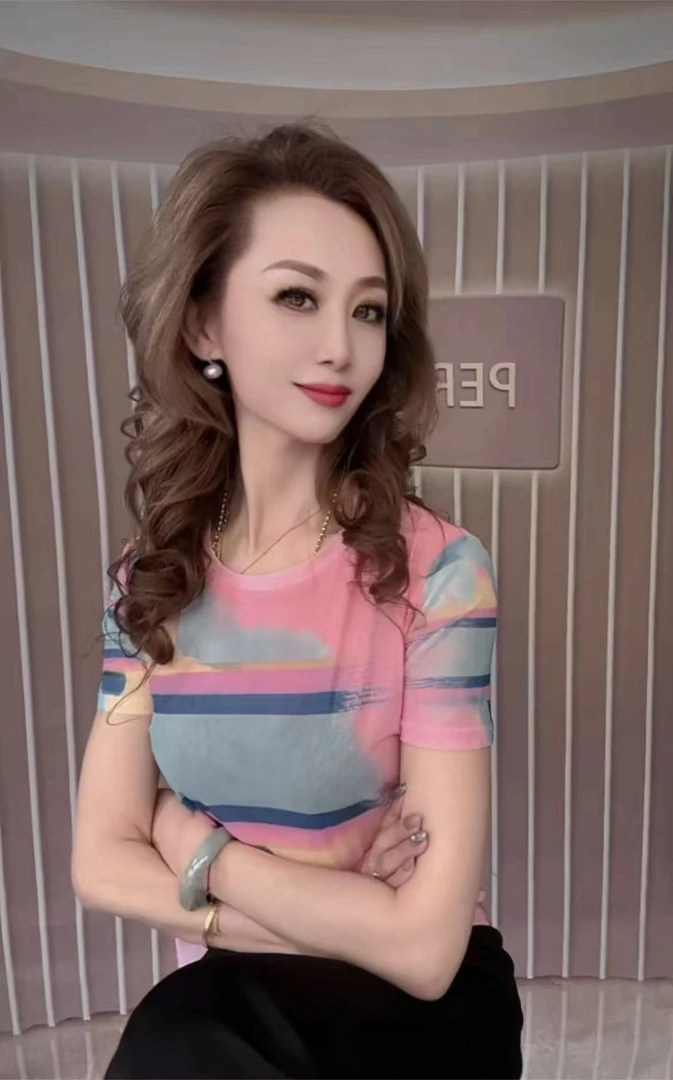 夏季修身网纱印花碎花上衣时尚显瘦气质T恤女圆领短袖