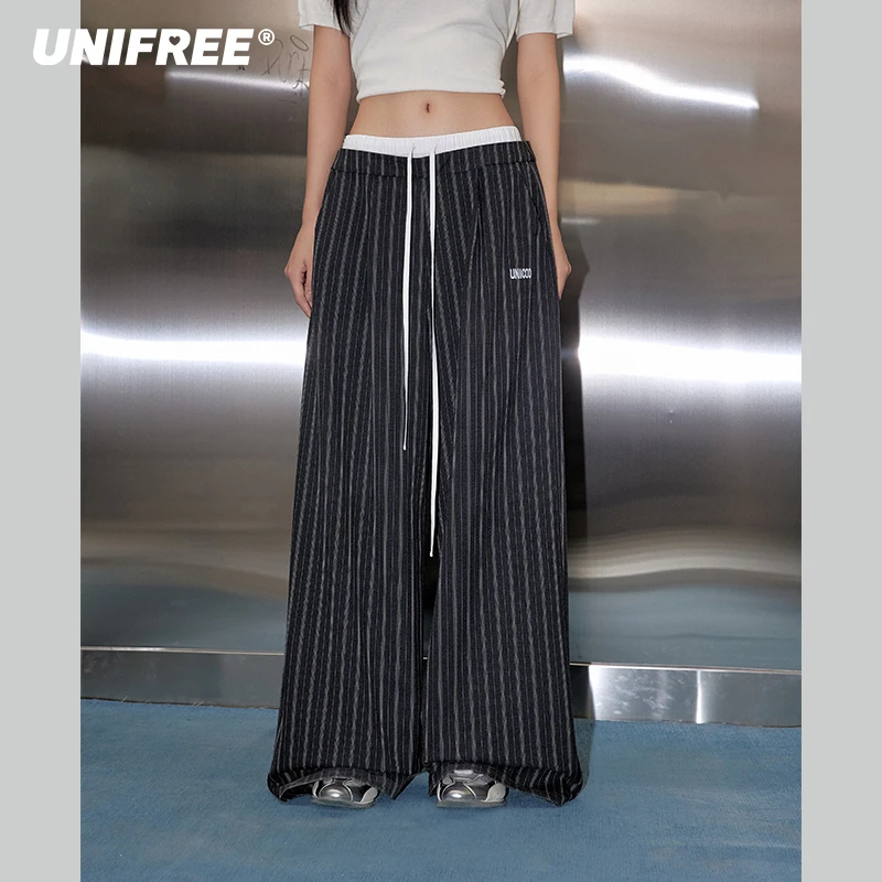unifree【25年春】双腰头拼接休闲西装裤复古竖条纹阔腿拖地长裤