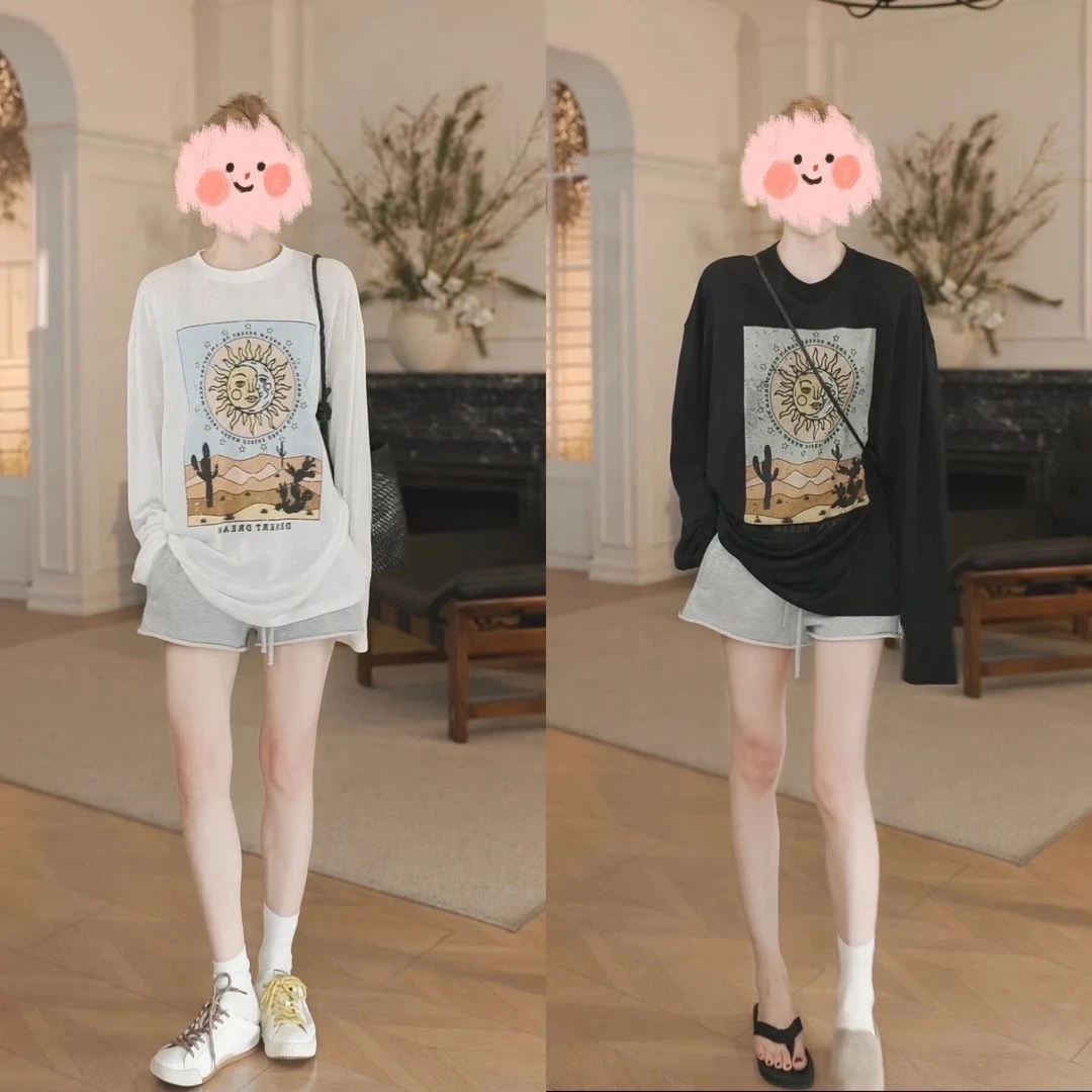 75棉雪花棉 慵懒风印花T恤女夏宽松显瘦薄款上衣时尚百搭设计感网