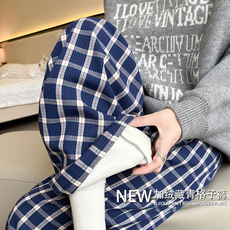 韩版美式复古格子休闲裤女秋冬2025新款加绒宽松设计感百搭拖地裤