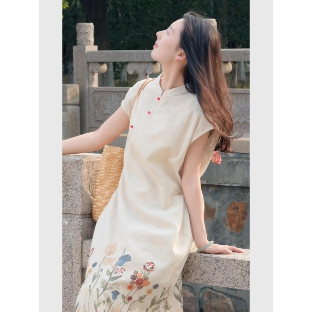 新中式女装米白色印花旗袍连衣裙2025新款夏天巨好看复古国风裙子