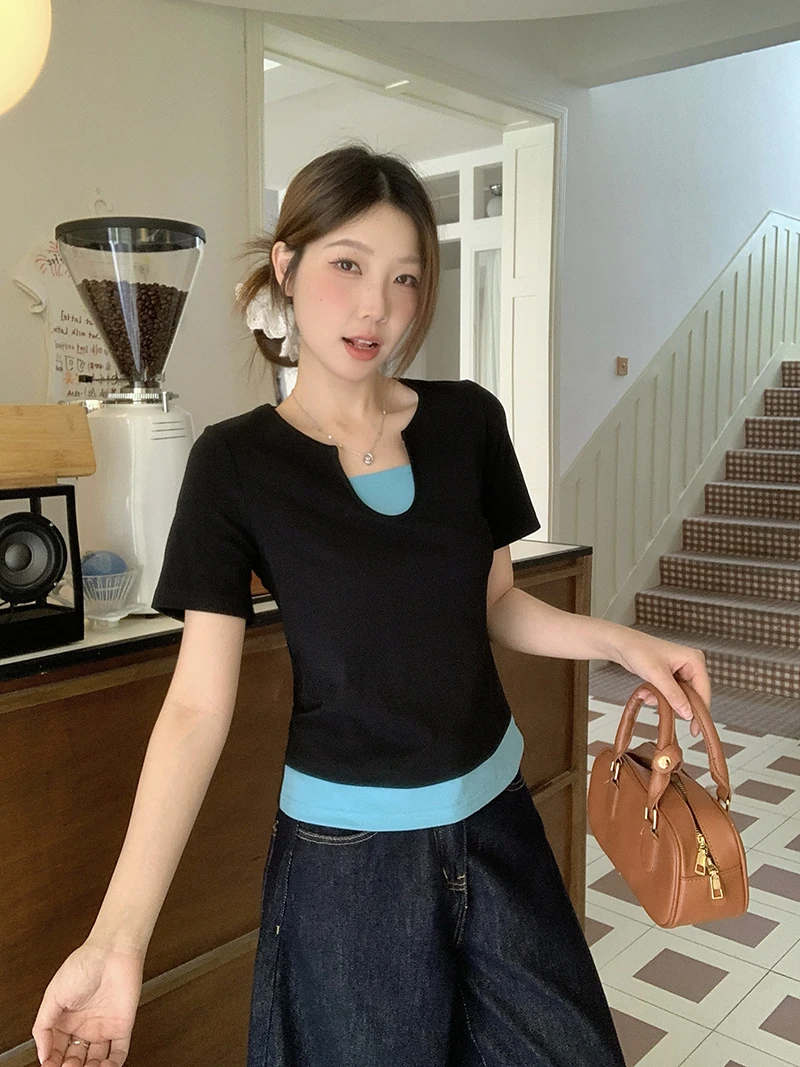 2025夏装新款胖mm大码女百搭拼接撞色显瘦正肩短袖T恤33662