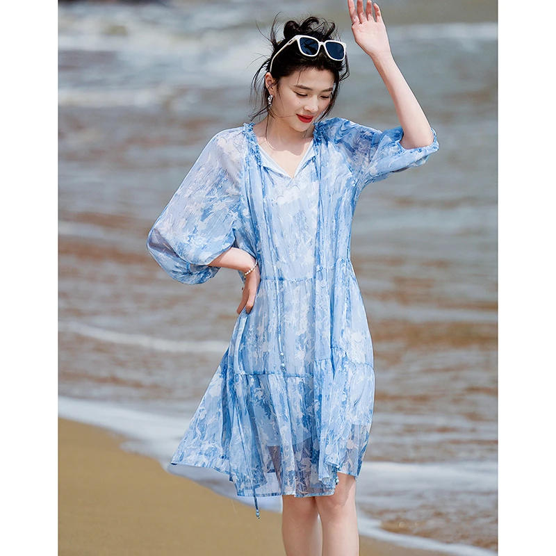 dme德·玛纳飘逸顺纡绉夏季浪漫轻法式印花绑带宽松A字连衣裙