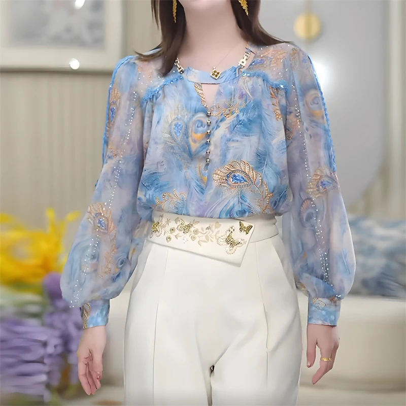 复古高级感减龄印花衬衫女夏季2025新款宽松显瘦设计感烫钻上衣潮