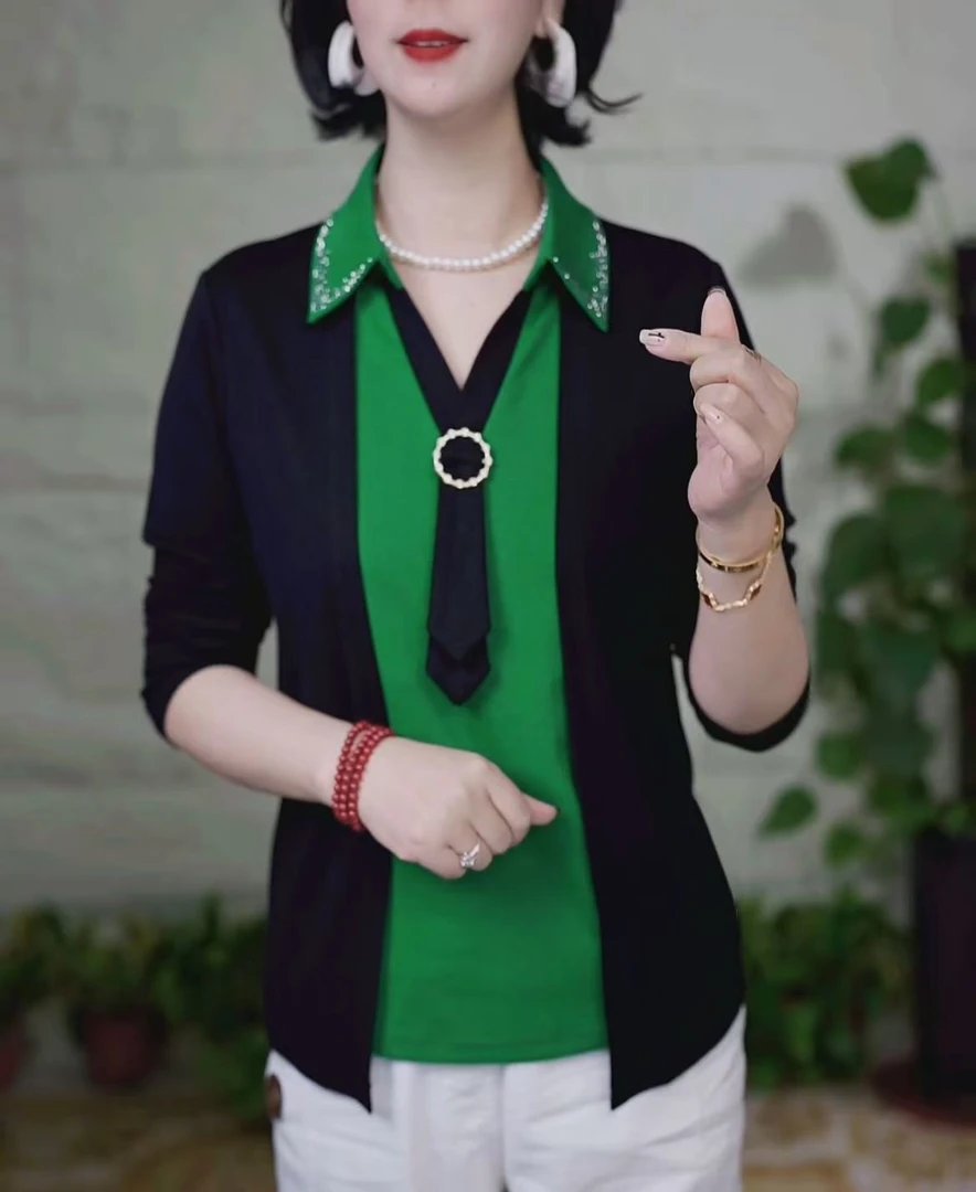 2025秋季假两件翻领飘带烫钻百搭遮肉显瘦气质时尚女装上衣