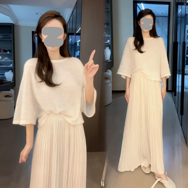 小香风气质时尚套装女2025春秋新款白色针织长袖t恤半身裙两件套