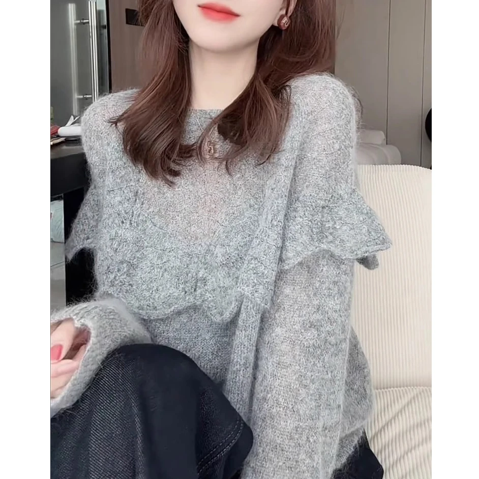 韩版2025早秋穿搭钩花镂空荷叶边灰色舒适软糯宽松百搭圆领上衣
