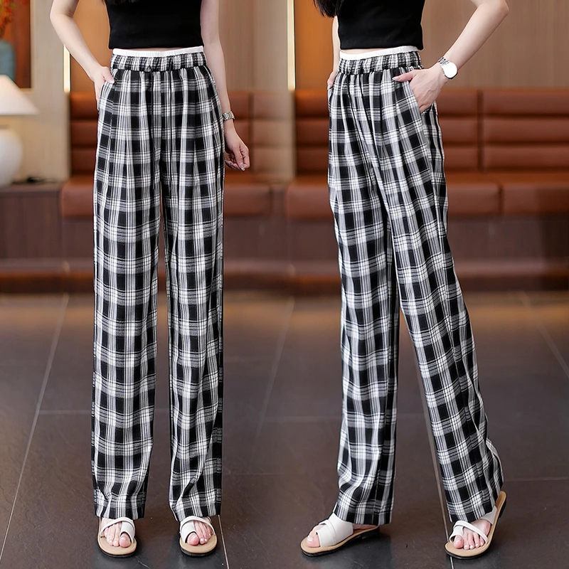 冰丝阔腿裤女夏季薄款高腰垂感黑白格子裤显瘦百搭休闲宽松直筒裤