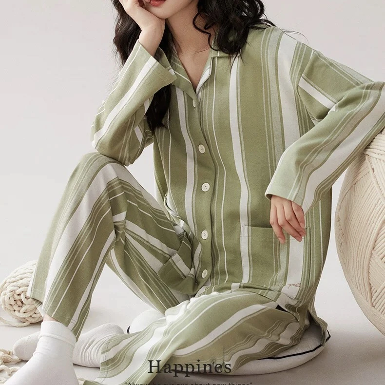 郑小姐~纯棉女士长袖睡衣春秋季条纹休闲春夏女家居服套装