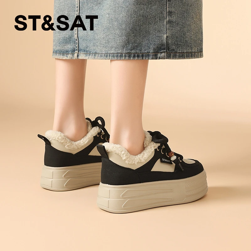 星期六真皮串珠系带复古板鞋女2025冬季加绒棉鞋学院风厚底松糕鞋