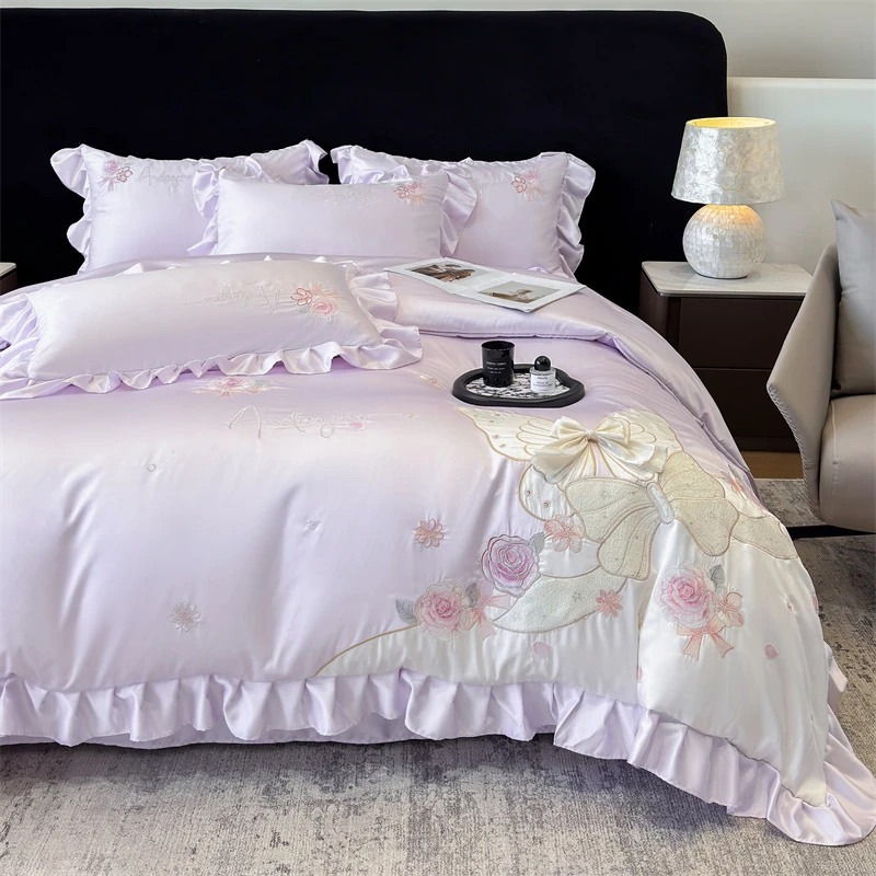 902  天丝夏被四件套蝴蝶结紫