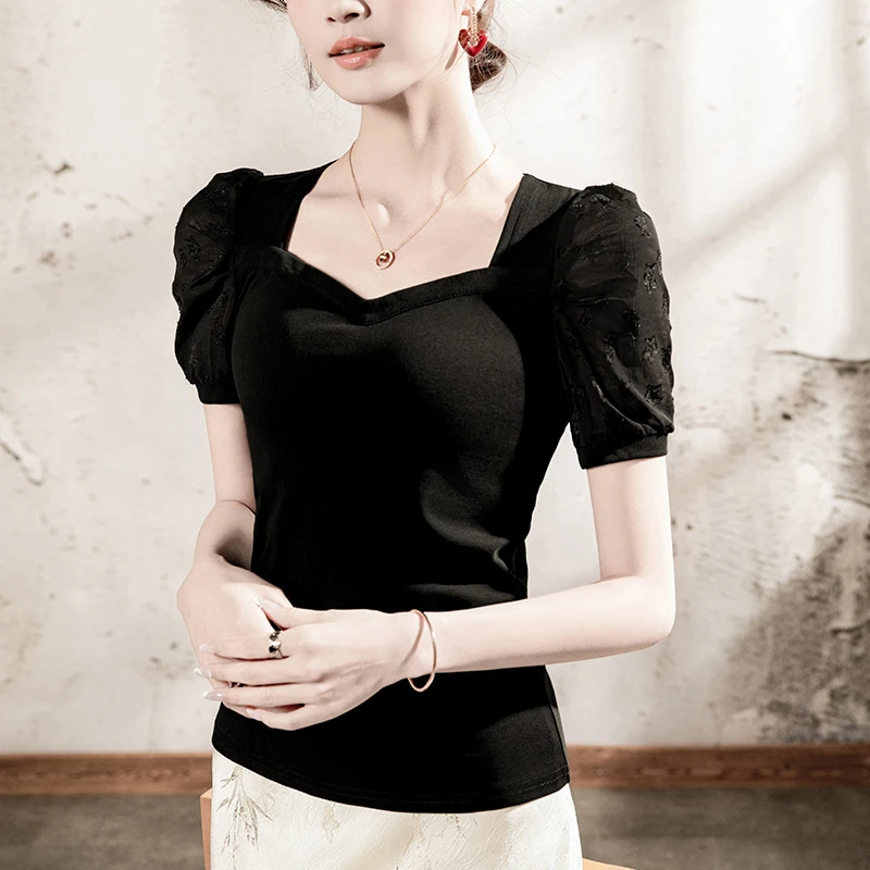 短款性感显瘦设计感方领泡泡袖拼接修身T恤女2025夏季新款女上衣
