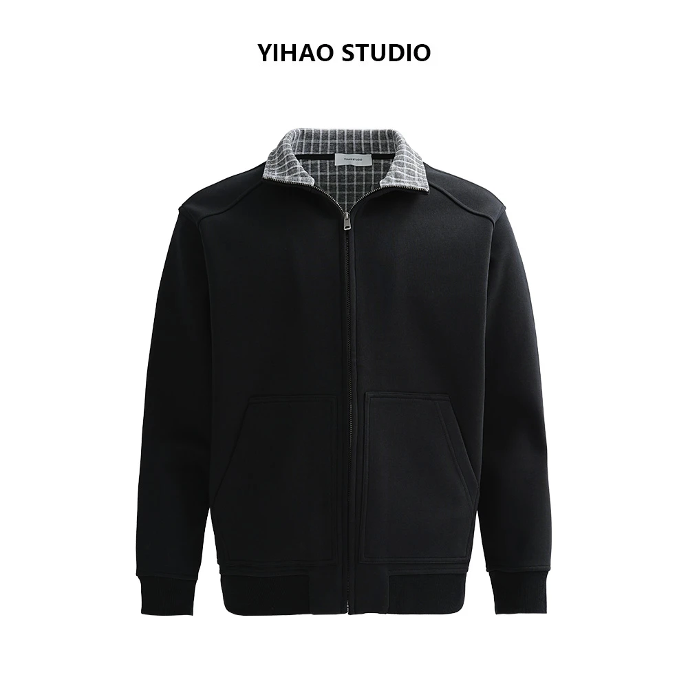 YIHAO STUDIO秋季男款潮流撞色翻领卫衣简约高级休闲保暖夹克外套