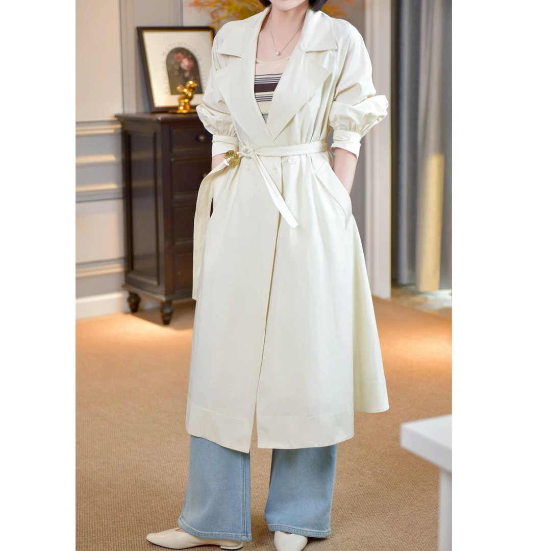 短视频VEE【妃洛里斯】新款时尚百搭收腰显瘦修身长翻领风衣