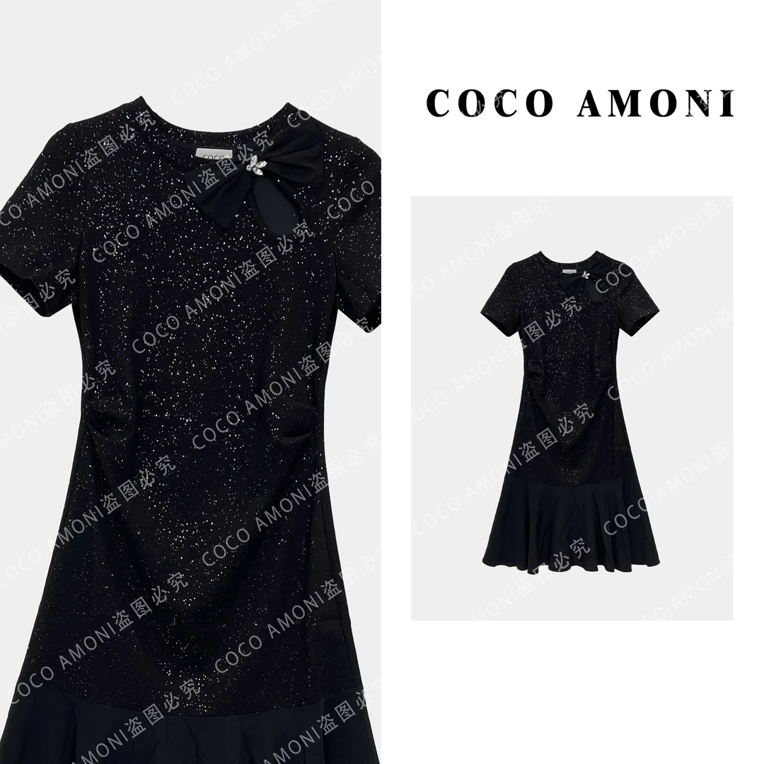 星空钻石 设计师亮片拼接网纱气质显瘦黑色连衣裙ZQ907