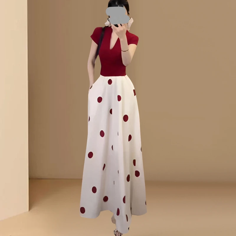 复古港味气质套装裙女夏2025新款御姐范波点裙短袖T恤显瘦两件套