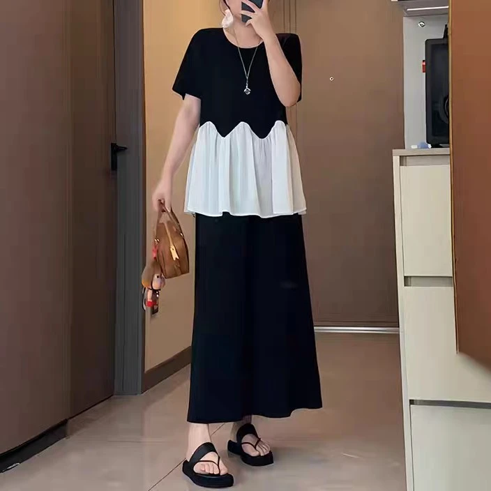 有运费险 欧货新款大码胖妹妹显瘦短袖上衣＋中长款半身裙子两件套