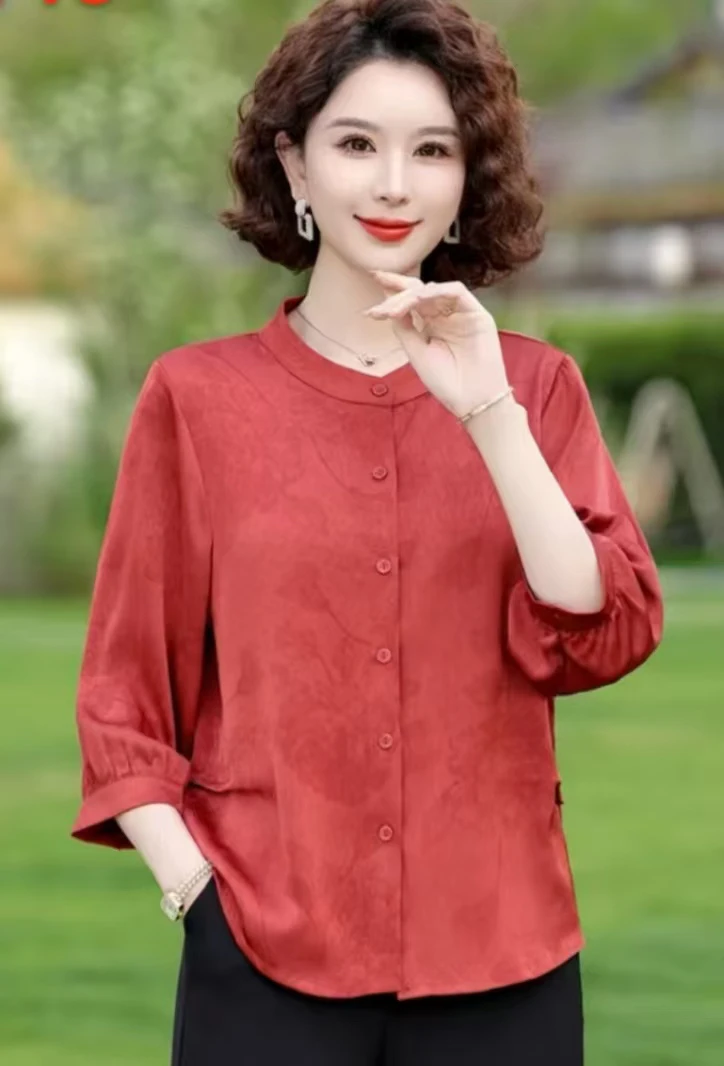 时尚妈妈装夏季立领中老年宽松洋气印花衬衫小衫上衣