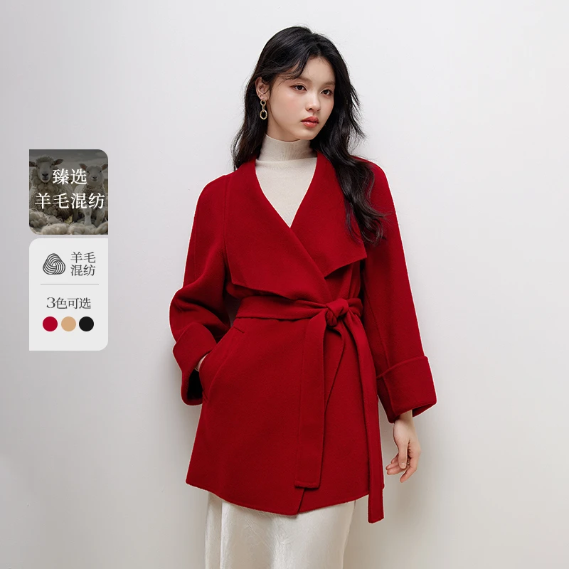 秋水伊人气质廓形大衣2024年冬季新款女装简约毛呢外套