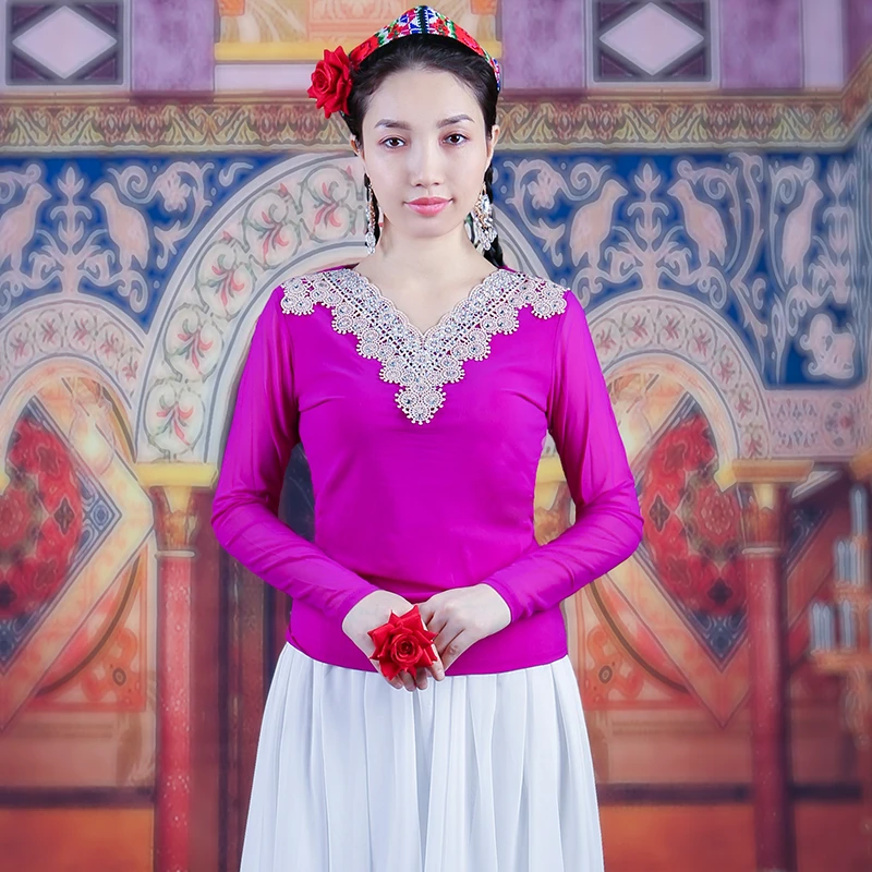 新疆舞蹈服女士修身网纱打底小衫维吾尔族舞台演出衣服广场舞服装