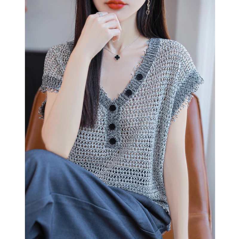 哥弟阿玛施正品V领镂空短袖t恤女时尚洋气设计感针织衫女士上衣薄