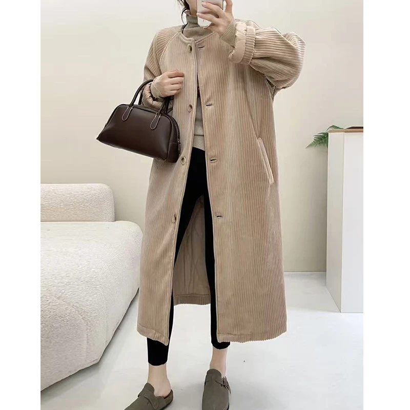 （灯芯绒长款保暖棉服）557-1复古文艺设计感圆领单排扣保暖棉服H