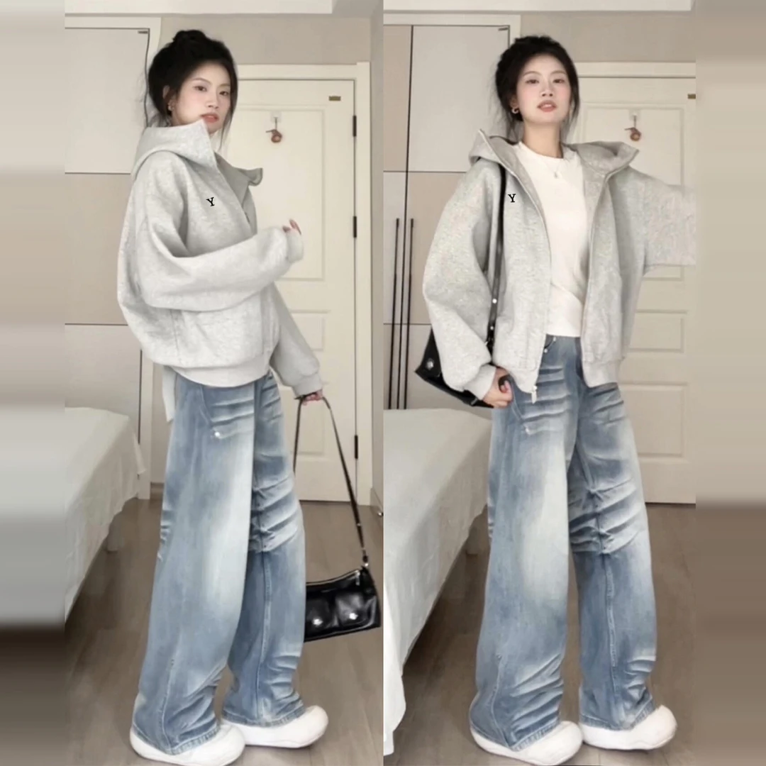 早秋美式复古灰色开衫卫衣女2025宽松慵懒风休闲百搭连帽长袖外套