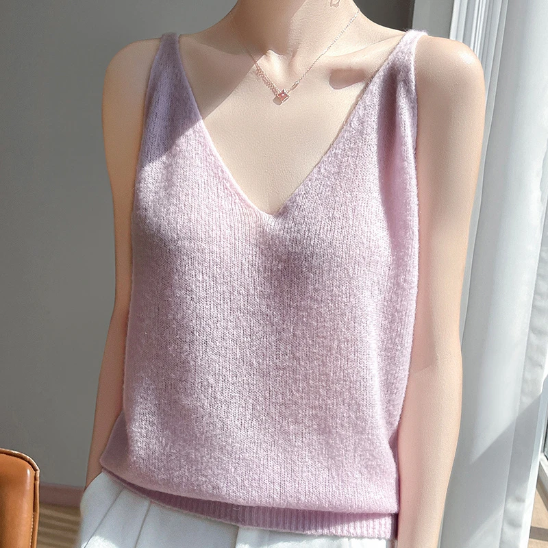 【丝绒】康线V领吊带背心女士山羊绒桑蚕丝百搭打底衫薄款针织气质
