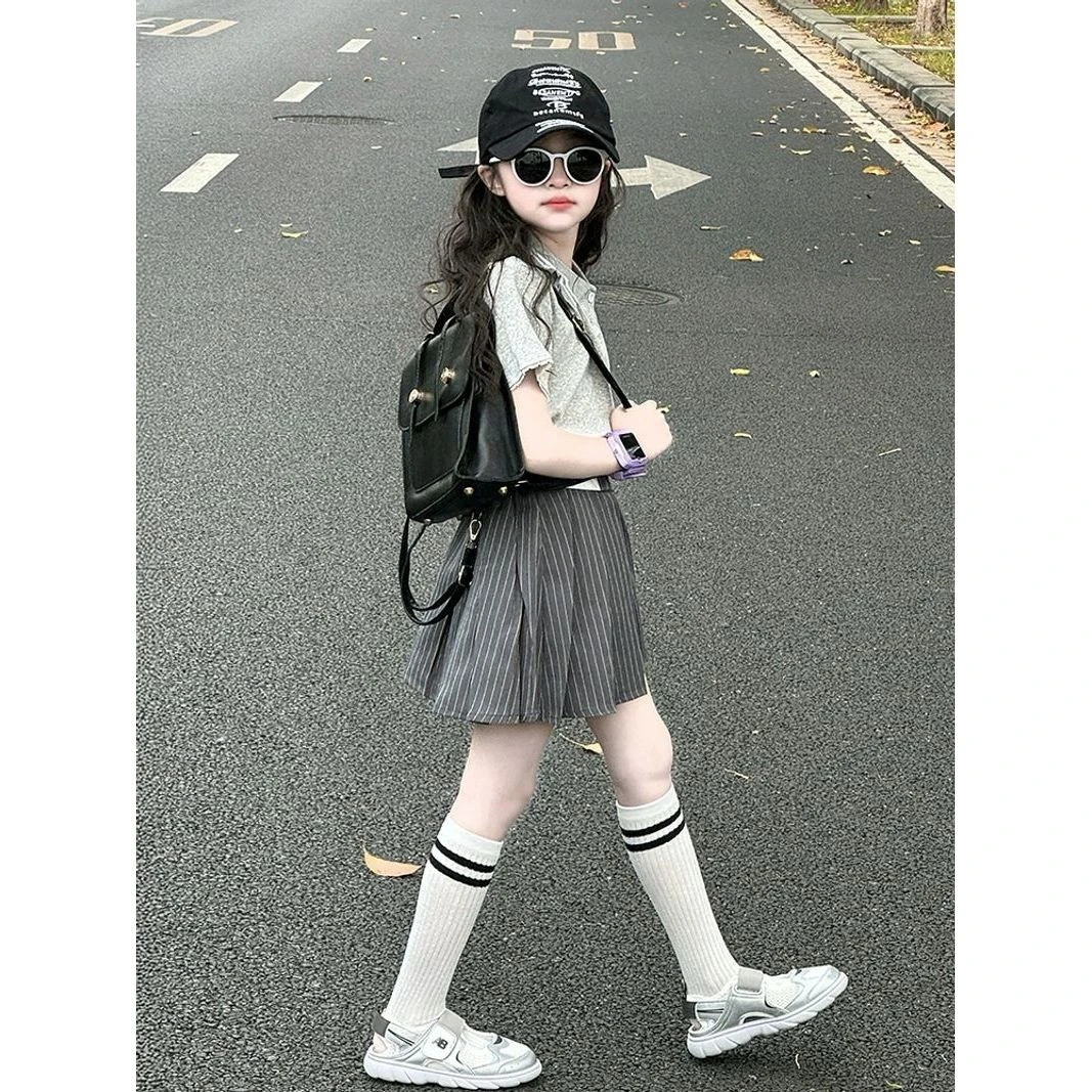 女童套装夏装2025新款中大童jk学院风短裙两件套儿童百褶裙高级感