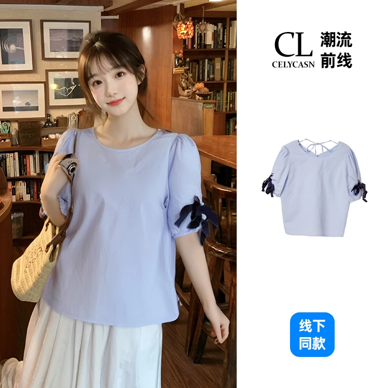 K8KI3A60#韩系纯色百搭小心机袖口系蝴蝶结短袖百搭休闲上衣