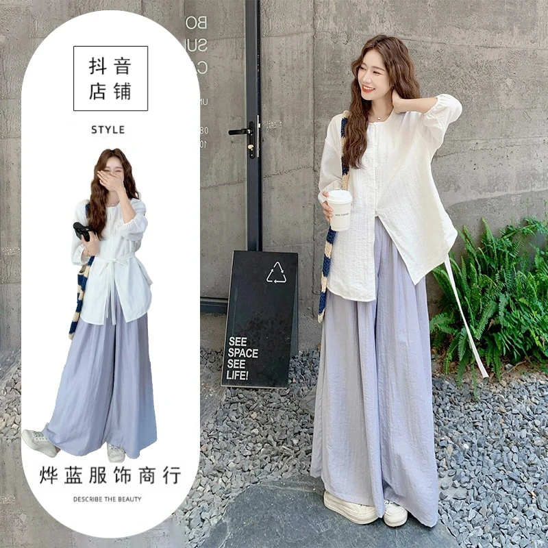 简约大方休闲气质套装女2025夏季韩系慵懒风收腰衬衫阔腿裤两件套