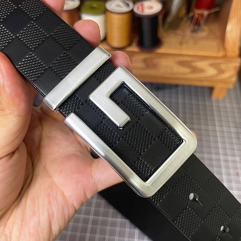 3.4宽格子纹头层牛皮平滑扣男士皮带商务休闲潮男真牛皮窄裤腰带