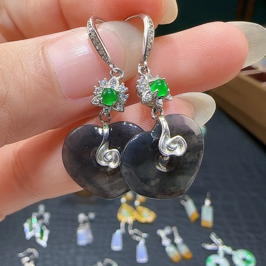 翡翠银S925镶嵌耳饰蔡*玲天然缅甸a货翡翠