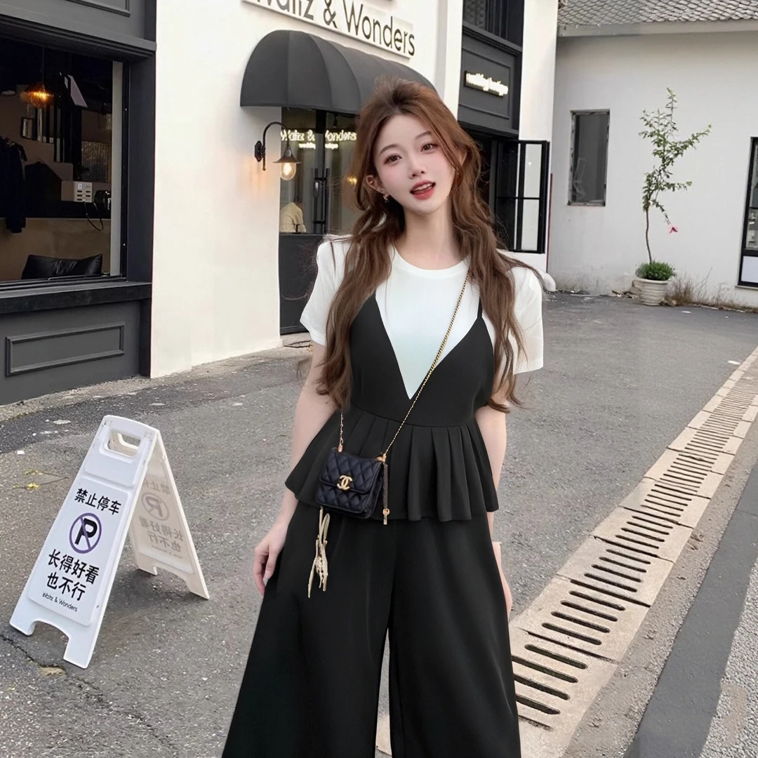 B【两件套】大码女装黑色假两件上衣+阔腿裤夏季巨显瘦套装D2314