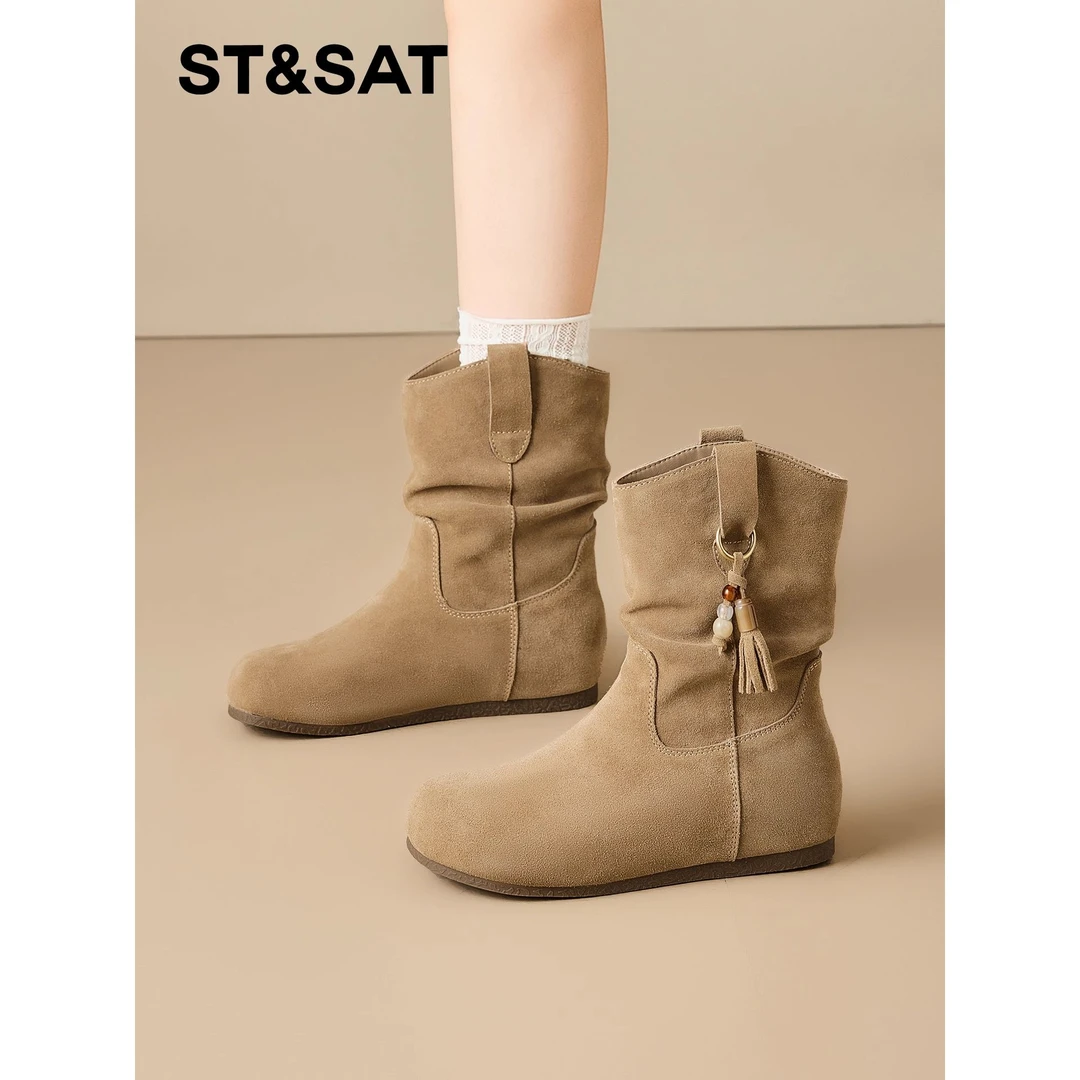 星期六内增高短靴女2025秋冬新款超火百搭厚底堆堆靴配裙子马丁靴