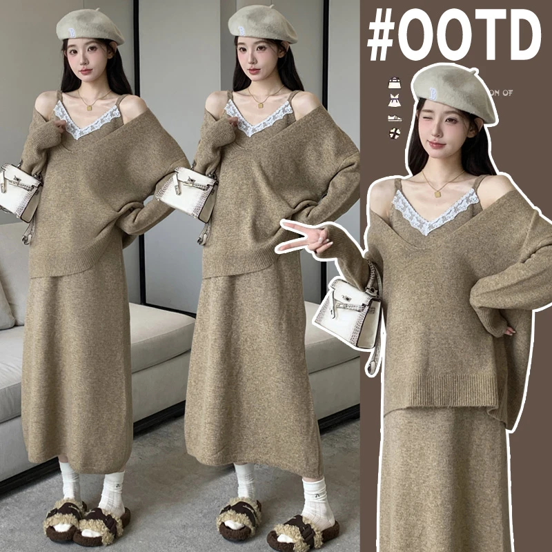 时髦孕妇装新款大码孕妇装设计感气质孕妇两件套韩版针织洋气套装