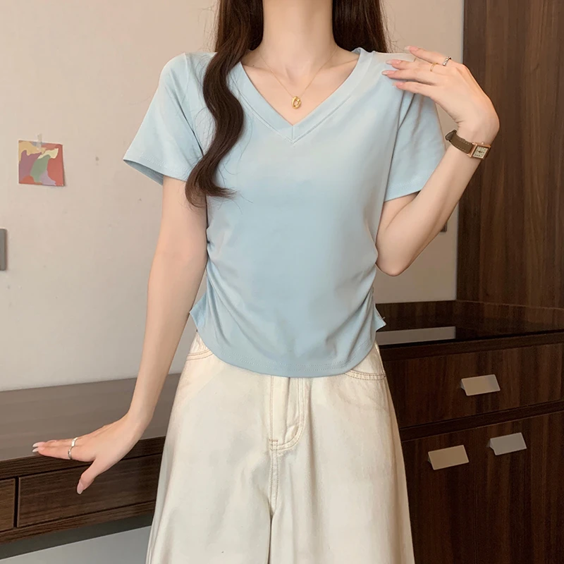 大码女装短袖t恤2025夏季韩版胖MM修身显瘦遮肚正肩V领纯色上衣