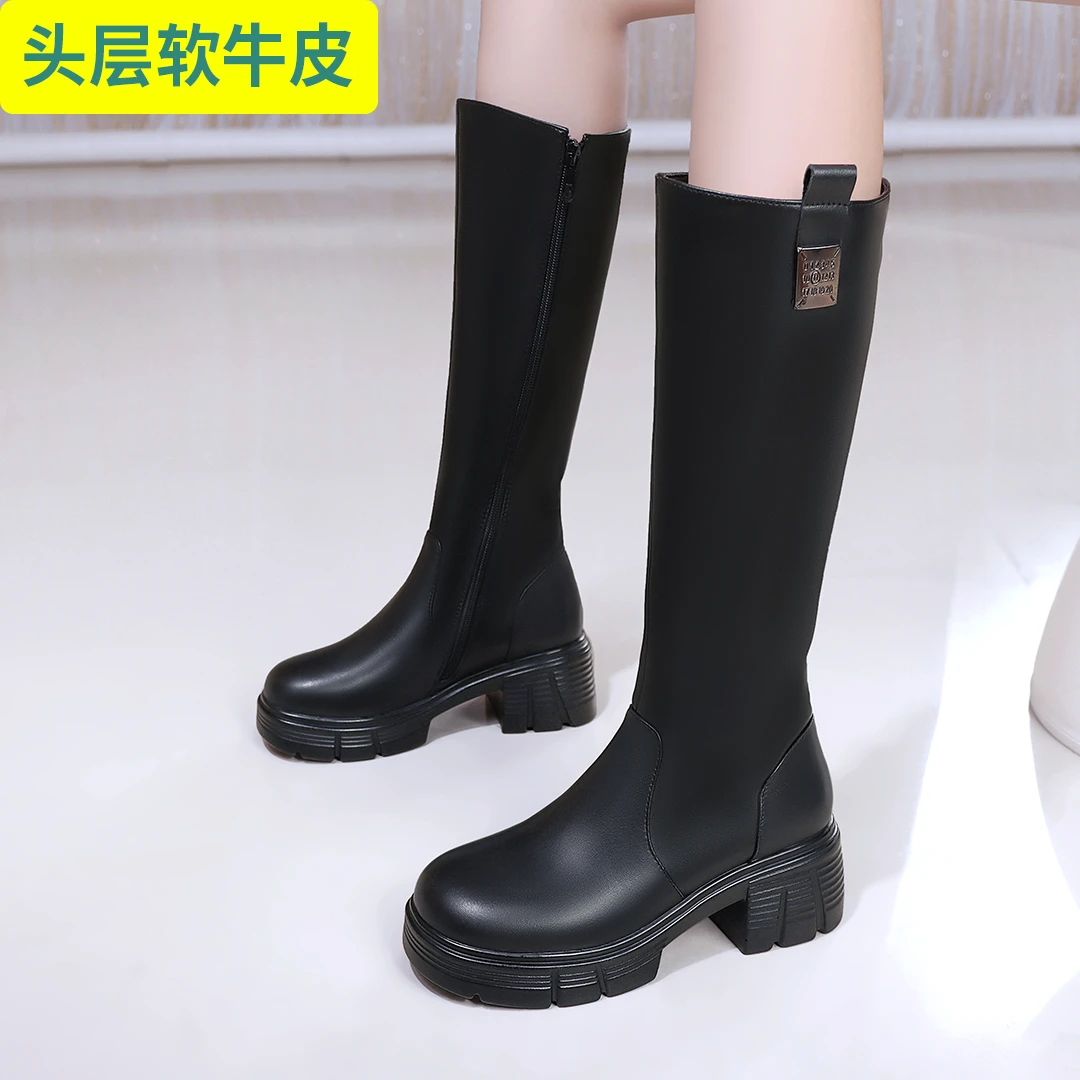 头层牛皮粗跟时装靴中筒靴百搭骑士女鞋圆头真皮防滑时尚休闲棉靴