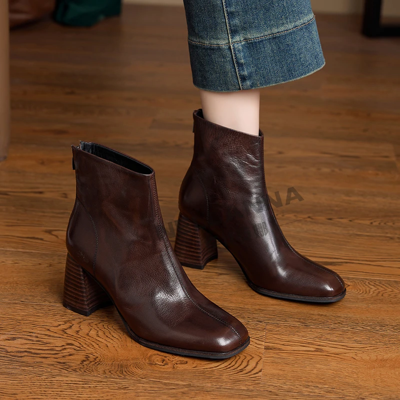 牛皮7厘米 34-40 黑色真皮粗跟方头百搭秋冬瘦瘦靴复古短靴时尚