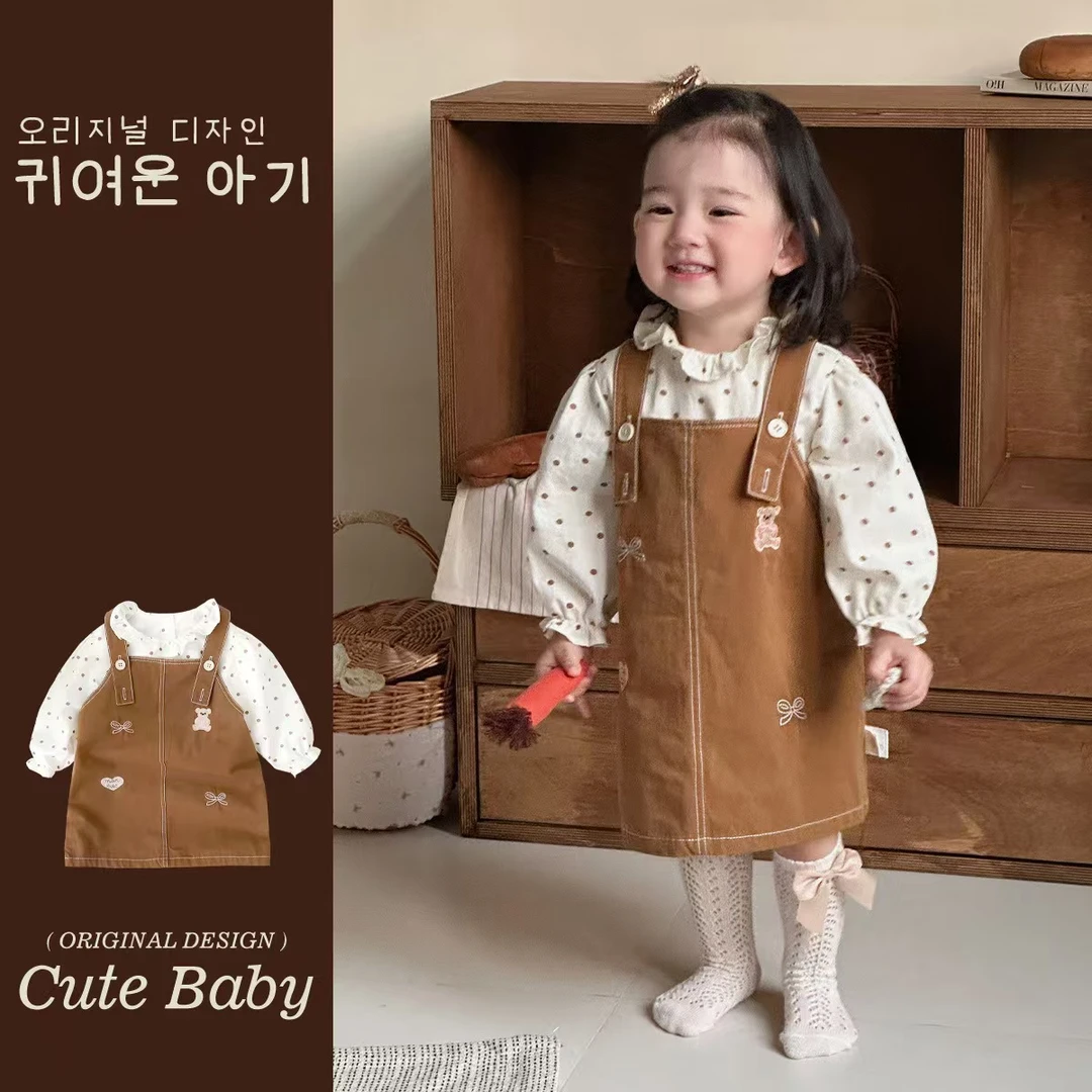 蔓葡-2513004-小熊背带裙套装