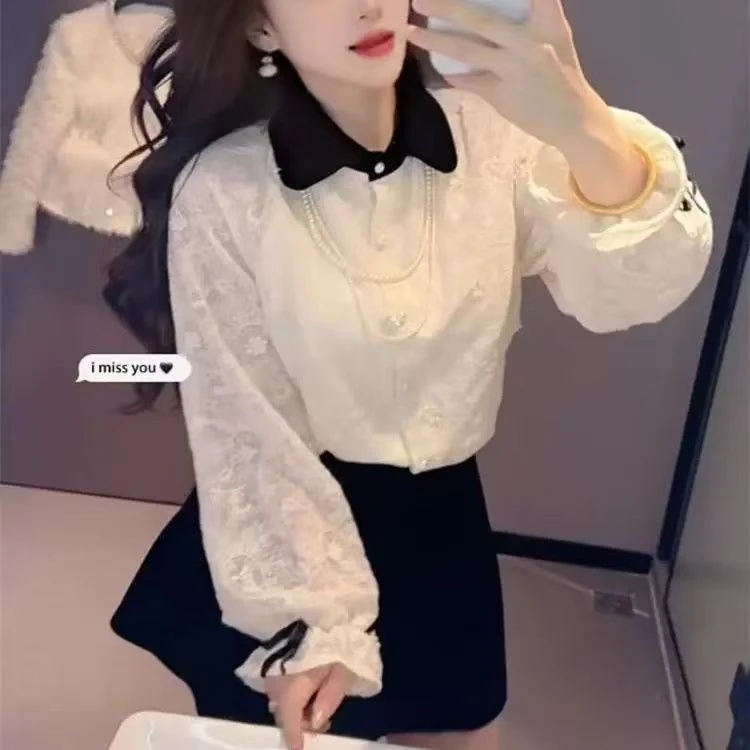 法式气质蕾丝衬衫女长袖翻领小众设计感上衣