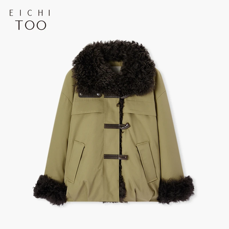 冬季立领保暖复古撞色翻领羊羔毛领鹅绒绒女外套气质百搭