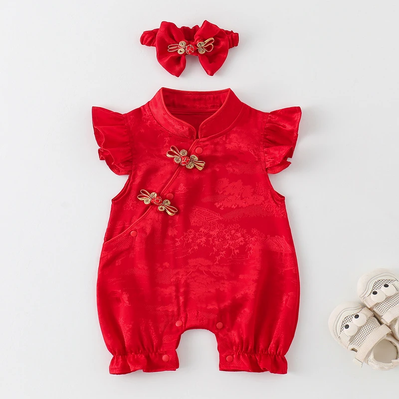 婴儿衣服夏装女宝宝夏季飞袖薄款民族连体衣国风满月百天周岁礼服