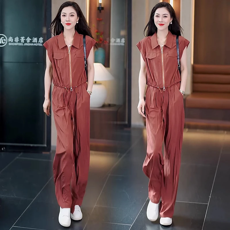 时尚休闲工装风套装女夏季新款洋气翻领无袖上衣阔腿裤垂感两件套