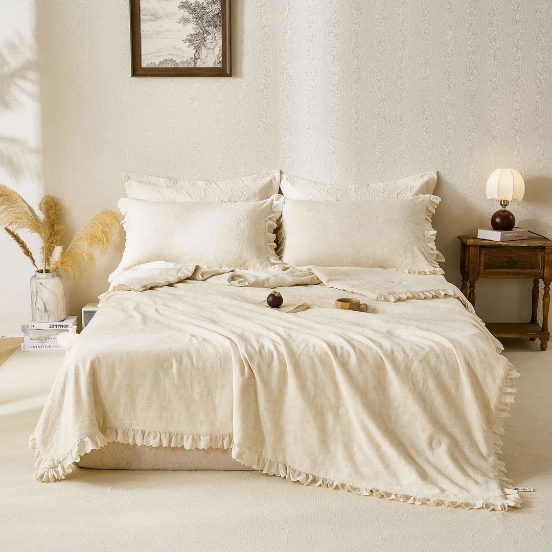 POCKET PIG/布袋猪【叶影】棉麻双层纱提花夏被四件套