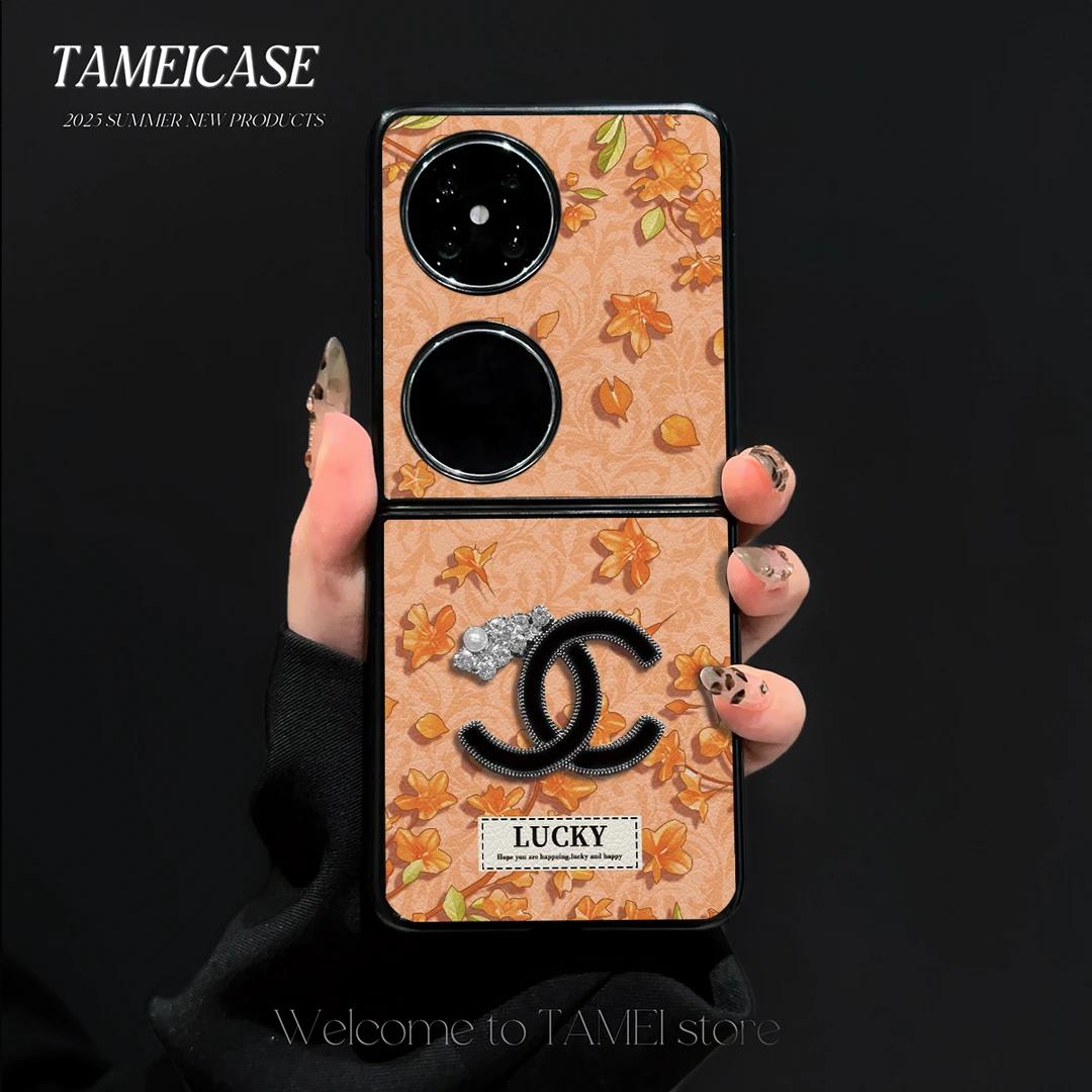 橘色小花羊皮适用华为pocket2手机壳FINDN3FLIP折叠屏华为pockets