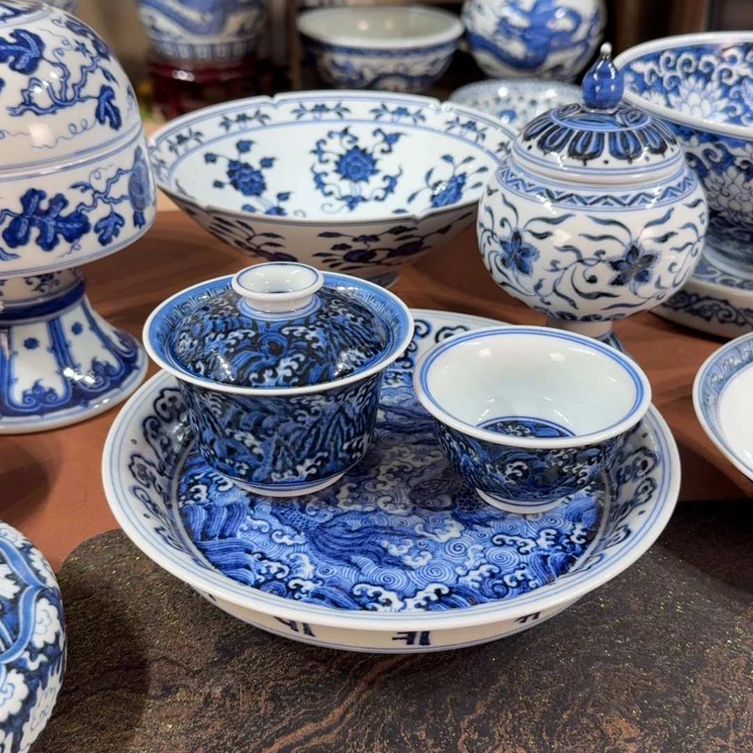 天***铺摆件瓷宇泽堂江崖海水盖碗杯子壶承