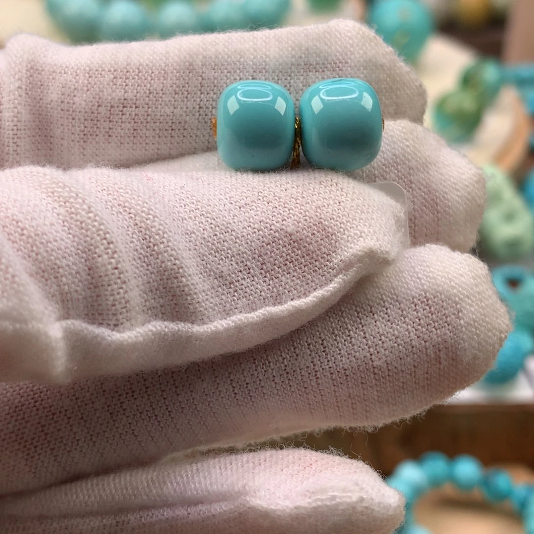 绿松石未镶嵌珠宝奇石高瓷蓝绿老型对珠9.8mm