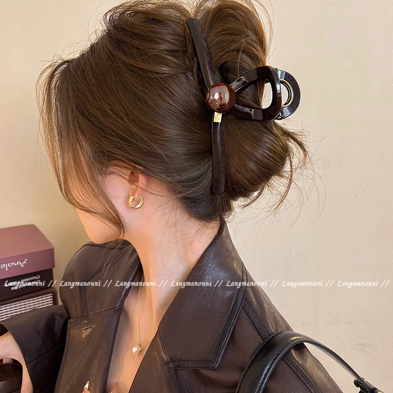 15cm适合发量多~咖色圆珠抓夹大号鲨鱼夹2025新款高级感发夹发饰